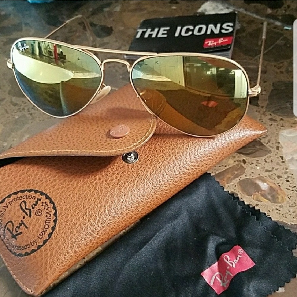 Ray ban yellow gold reflector aviators sunglasses